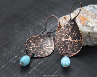 Wire wrapped earrings Hammered copper Metalwork earrings Wire wrapped jewelry Long Dangle earrings Rustic Boho earrings Gift for her