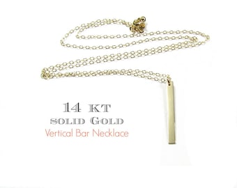 14KT SOLID GOLD Small Vertical Bar Necklace, Dangling Polished Bar Necklace in 14Kt Solid Yellow Gold, White Gold and Rose Gold