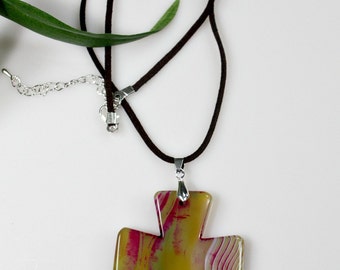 Agate Cross Pendant Necklace - Yellow Carved Stone - Double Sided - Statement Necklace - Unique Easter Gift - Spring /Summer