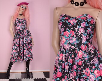 80s Floral Print Strapless Dress/ US 7-8/ 1980s