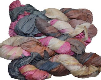 10 yards Brown Pink Sari Pure Silk Ribbon Yarn for tassels Fair Trade