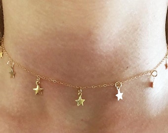 FALLING STARS * STAR Choker * Necklace * 14k Gold Filled Chain * Dangling Stars * Delicate * Dainty * Falling Stars * Stars Fall * Minimal