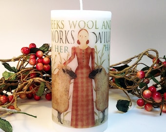 Primitive Sheep Folk Art Candle, Primitive Decor, Gift for Mom who Knits, Country Kitchen Decor, Gift for Knitter, Friendship Candle