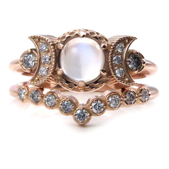 Cosmic Moon Mistress Engagement Ring Set - Diamonds and Moonstone Moon Phase Wedding Rings