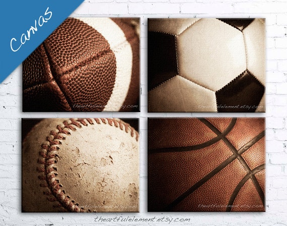 Sports canvas, Boys room decor, Man cave wall art, Sports gifts, Game room, Set of 4 / Basketball, Football, Baseball, Soccer