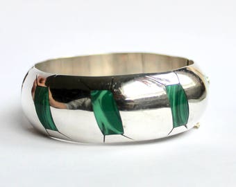 Vintage Sterling silver Mexican Malachite Bangle with hinge