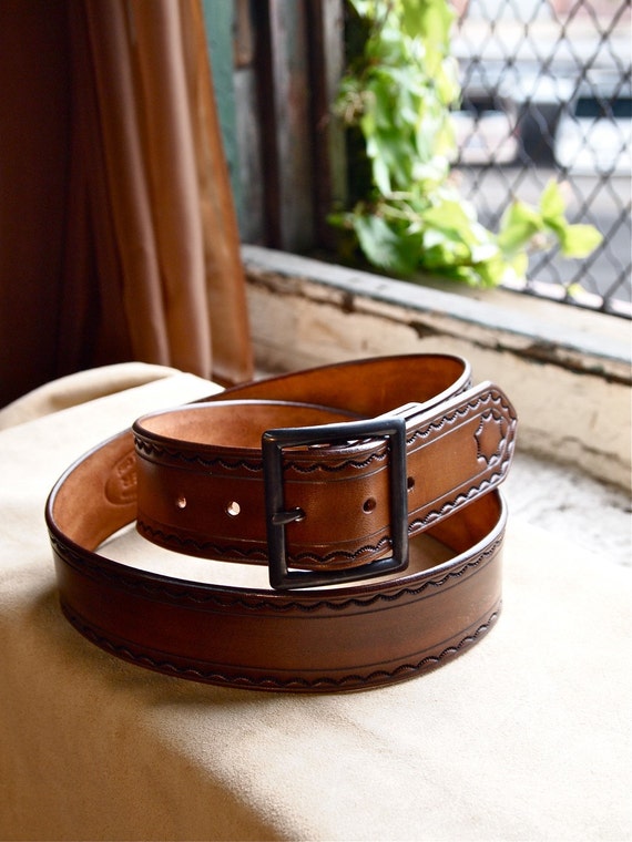 Leather tooled belt made in Brooklyn USA USA