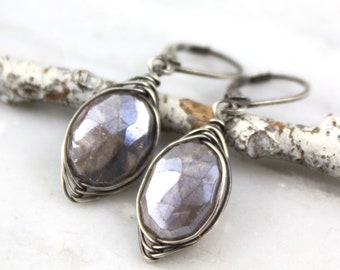 Wrapped Chocolate Moonstone Oxidized Silver Earrings