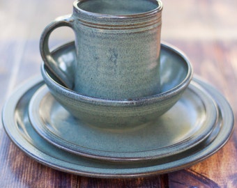 Gray Stoneware Dinnerware Set-- 4 piece Pottery Dinnerware Set Ceramic Stoneware Dishes - Stoneware Dinnerware Set