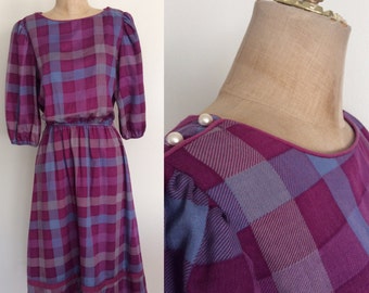 1970's Purple Plaid Cotton Poly Dress Size XS Small by Maeberry Vintage