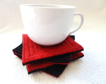 Coasters Felted Sweater Wool RED & BLACK Coaster Set of 4 Upcycled Mug Rugs Red Wool Coasters Eco Housewarming Gift by WormeWoole