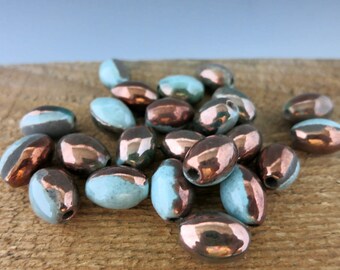 4 Mykonos Frosted Copper Raku Ovals, 7x14mm, 3mm Hole, Boho Ceramic Bead with Copper Oxide finish, Made in Greece, MROS259
