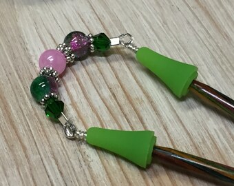 Beaded Point Protector Stitch Holder- Pink & Green Knitting Needle Jewelry Gift