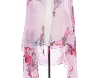 Assorted Colors - Butterfly Rose Print Sheer Vest
