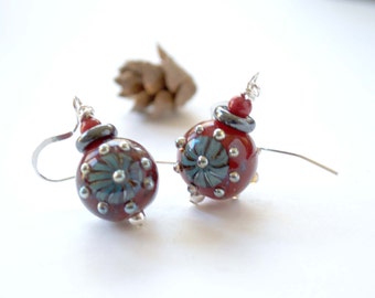 Red Silver Flower Earrings, Crimson Red Earrings, Lampwork Glass Earrings, Starburst Earrings, Unique Artisan Earrings