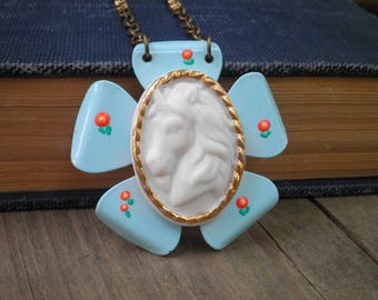Unicorn Cameo Bib Necklace - Blue Enamel Flower & White Unicorn Cosmic Garden Statement Pendant - Floral Unicorn Fantasy Boho Jewelry Gift