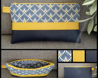 Small leather pouch Navy Blue and yellow