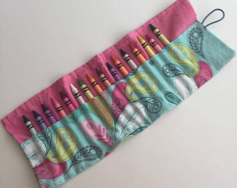 Crayon Roll - Pink and Aqua Paisley