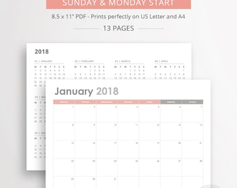 2018 MONTHLY CALENDAR Monthly Planner Printable Pages