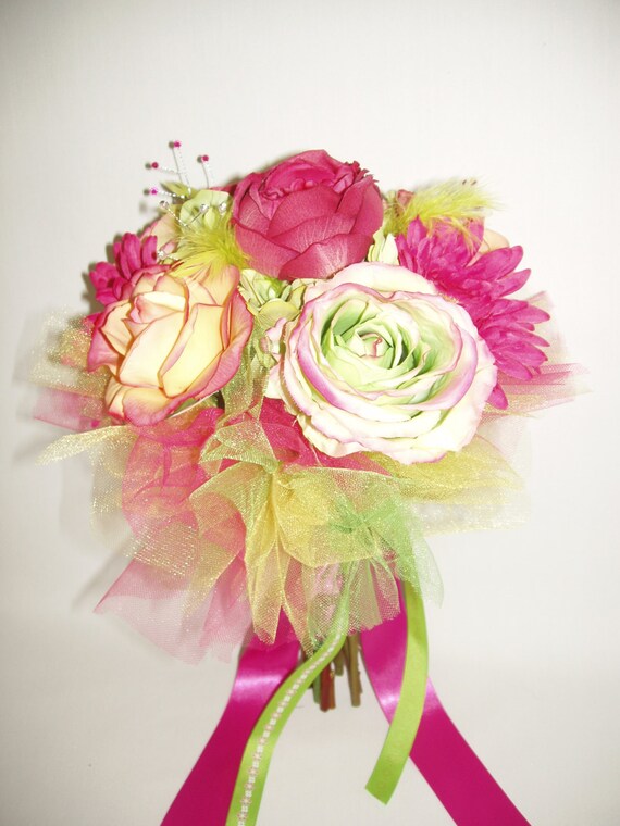 Real Touch Silk Flower Bouquet FUCHSIA LIME Green Yellow