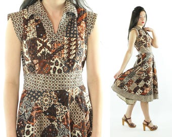 70s Ethnic Sundress Short Sleeve Dress Fulll Skirt Brown Cotton Patchwork Vintage 1970s Medium M Hippie Boho Festival