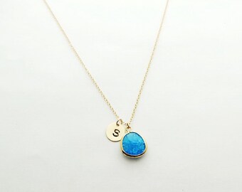 Turquoise Gold Initial Coin Necklace, December Birthstone Necklace, Personalized Necklace, Bridesmaid Gift