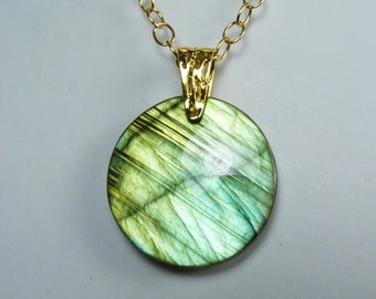 Large Labradorite and Gold Necklace, Super Flashy Large Luminous Labradorite Pendant, Brilliant Iridescent Golden Green and Aqua Flash