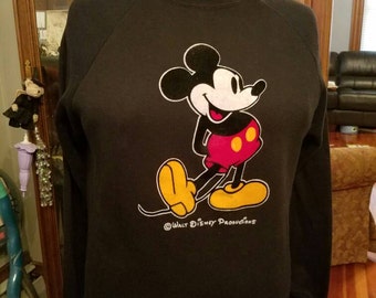 Vintage Mickey Mouse Sweatshirt Walt Disney Productions Size X Large Black Flocking Made in the USA Character Fashions