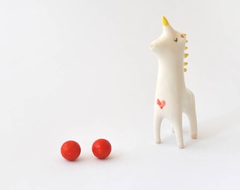 Valentine's Day- Ceramic Unicorn Figure in White Clay and Decorated with a Red Heart. Ready To Ship