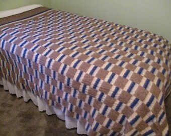 WOOL BLANKET, Large SOFT, Blue White Brown, Thick & Warm, Peruvian, Made in South America, Peruana, 100% Anti-Allergenic, Twin or Full Bed
