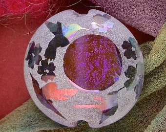 Lampwork Glass Bead SRA "Hummingbird Window" Handmade Sandblasted Focal Bead Faceted Lentil, Dichroic, Iridescent Lustre ~ Pink Purple