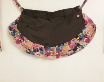 Women's Ruffled Half Market Apron, Recycled Gardening Pocket Waist Apron, Handmade Patchwork Utility Festival Belt, Waitress Server Kitchen