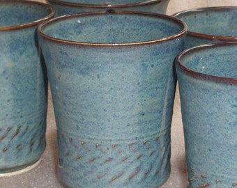Blue Pottery Tumblers Wheel Thrown and Chattered Texture