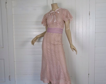 30s Lace Dress in Blush Pink- 1930s Art Deco Starlet Trumpet Dress w/ Flutter Sleeves- Extra Small- Wedding Dress- Valentine's Day