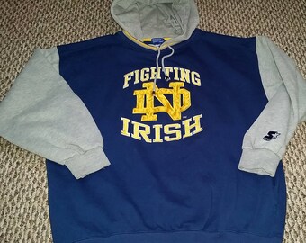 Vintage Notre Dame Starter Blue and Gray Hoodie Sweatshirt - Size Large - Made in Korea - Measures 23.5" Pit to Pit