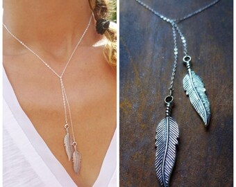 Sterling silver feather lariat, y necklace, feather necklace, free spirit, nature, boho, hippie chic, bohemian, otis b, birds of a feather
