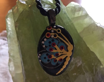 Hand painted Lake Superior Butterfly Necklace with black cord