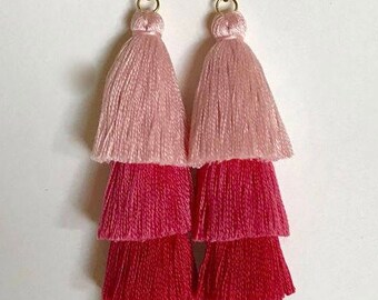 Four Tiered Pink Ombre Tassel Statement Earrings