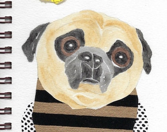 Pug Print - Sketchbook Series - Watercolor & Collage - "Behemoth"