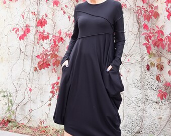 New Black Dress / Long Sleeves Dress / Side Pockets / Loose Dress / Maxi Dress / Party Dress / Women Dresses / Plus Size / D22317