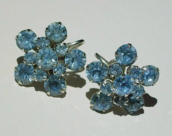 Vintage Earrings with Blue Rhinestones - Screw Backs