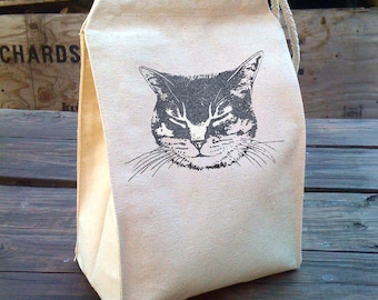 Cat Lunch Bag, Cat lunch box, Kids lunch bag made from Recycled Cotton Canvas, Kitty Snack Bag, Reusable washable lunch bag by Little Lark