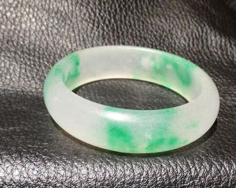 Jade Bangle, Green and White Translucent, Vintage 57 mm