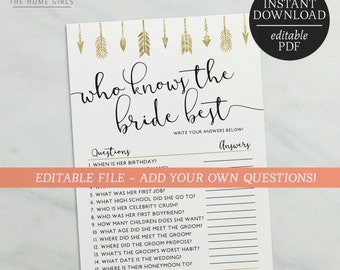 Who Knows The Bride Best Editable Game | How Well Do You Know The Bride Editable | Bride Tribe | Bachelorette Hens Games | Gold | Arrows