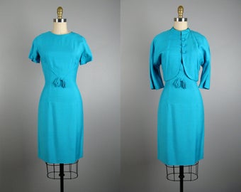 Vintage 1960s Blue Sheath Dress and Jacket Set 60s Rayon Blend Dress in Bright Turquoise 4/S