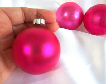 2 Pink Shiny Brite Ornaments - Matte / Satin Finish Dark Pink Christmas Holiday Baubles