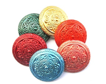 6 Vintage plastic buttons flower design hand painted 6 colors 30mm