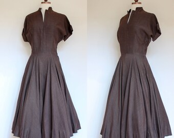 vintage 1950s chocolate brown dress | 50s dark brown dress with cuffed sleeves and full skirt | S - M