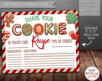 Cookie Recipe Sheet, Cookie Exchange Recipe, Christmas Cookie Party Recipe, Printable, Instant Download, Editable PDF #719 #720