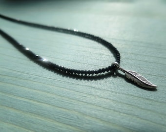 Faceted Black Spinel Necklace with Sterling Silver Feather ~ GenVie Designs